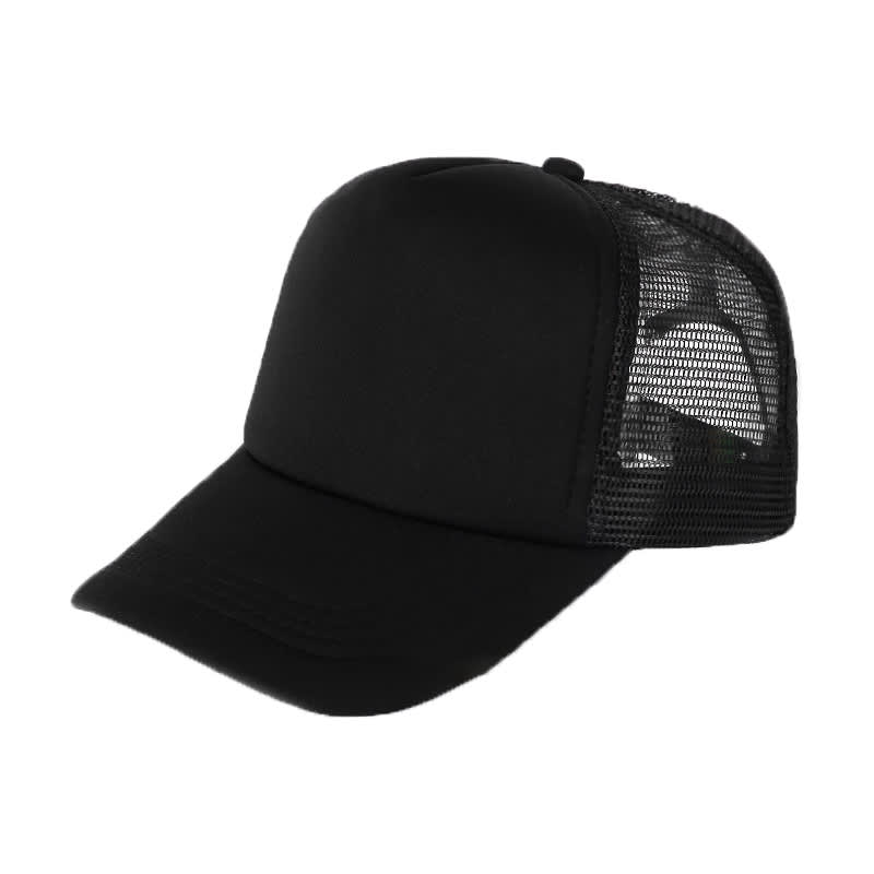 A black trucker cap featuring a solid front and mesh back, with an adjustable strap.