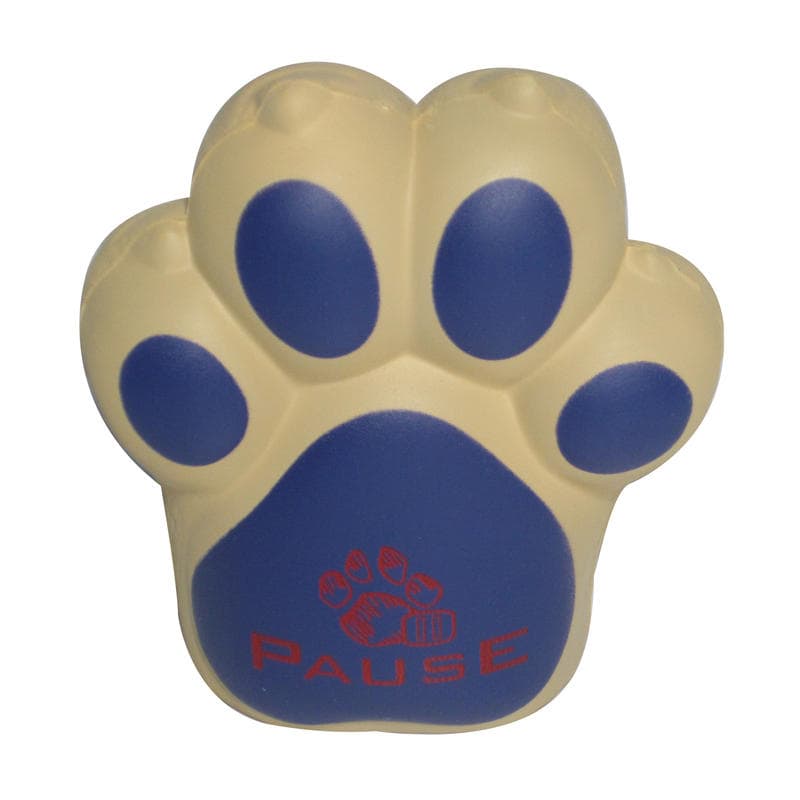 A paw-shaped stress reliever in cream and blue with a logo printed on the surface.