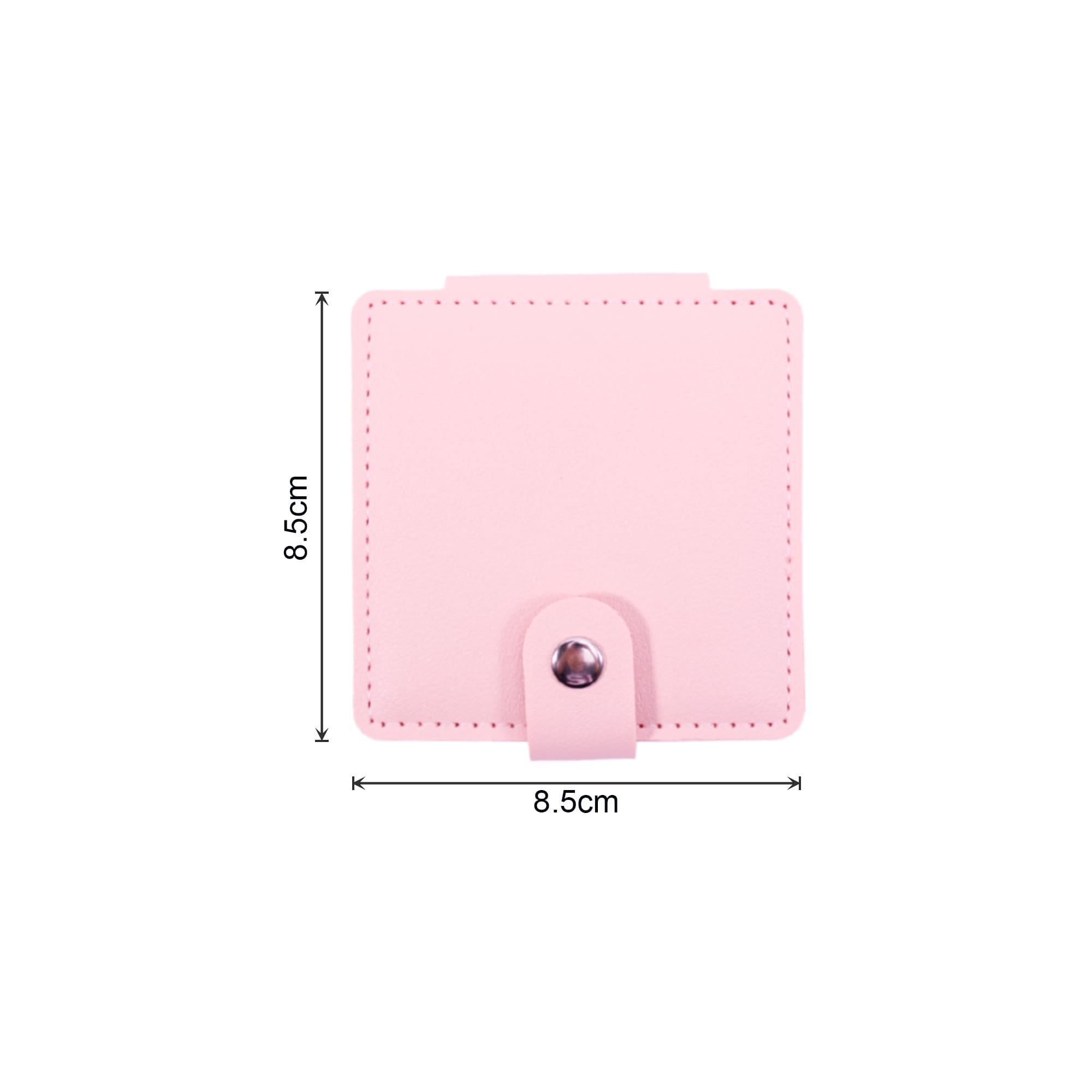 A pink square folding pocket mirror with a snap closure, featuring dimensions of 8.5 cm by 8.5 cm.
