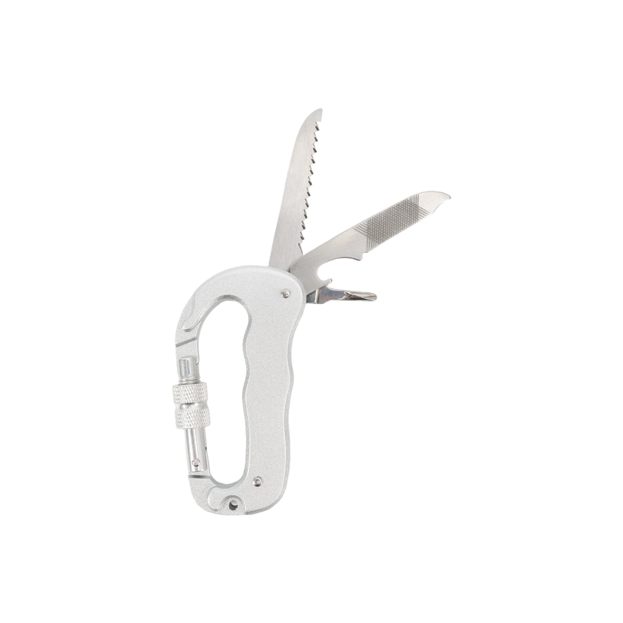 A multifunctional silver carabiner featuring a knife blade, a saw blade, and a bottle opener. It has a logo.