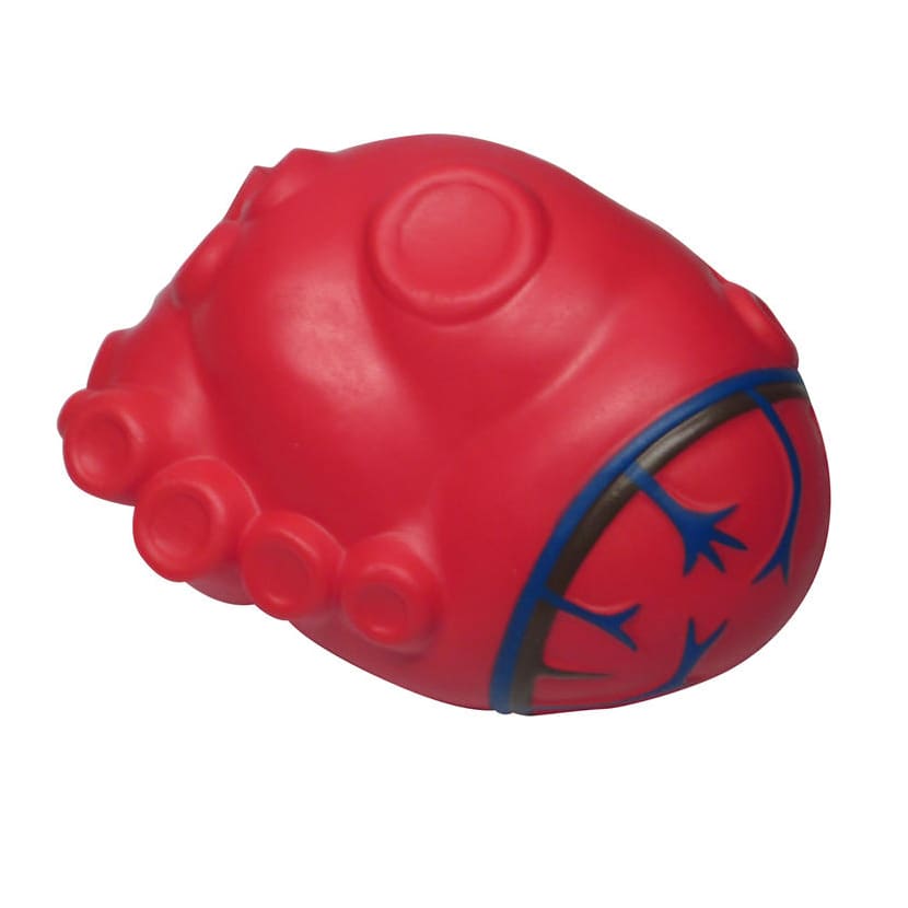 A red cardiac-shaped stress reliever with blue detailing, designed as a fun keyring accessory.