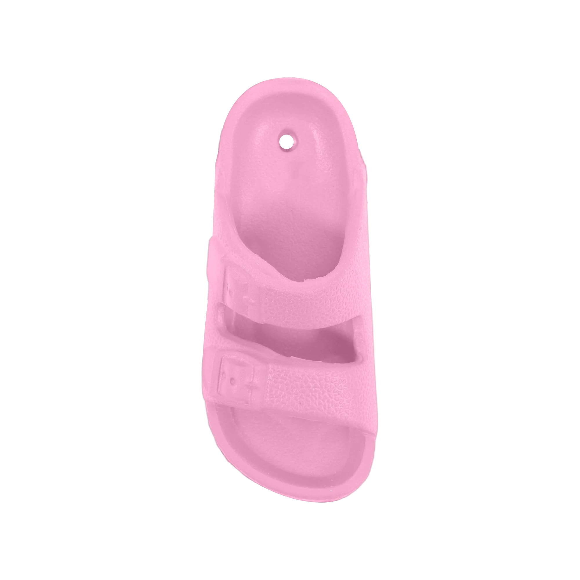 A pink fridge magnet shaped like a slide sandal with two buckle straps and a hanging hole.