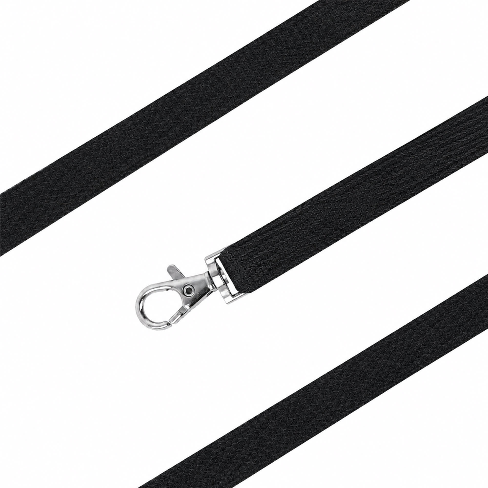 A black bootlace lanyard with a silver metal clip for securing items, featuring a textured surface.