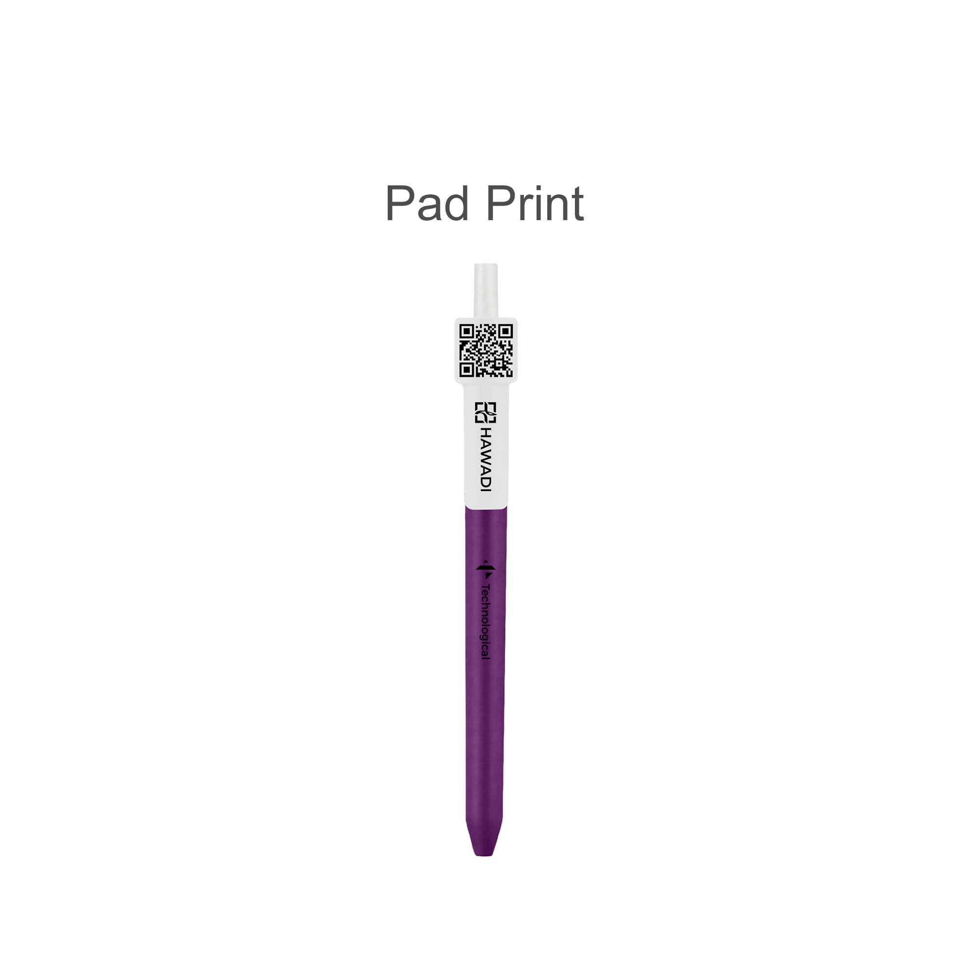 A purple click pen with a white top featuring a QR code and a logo.