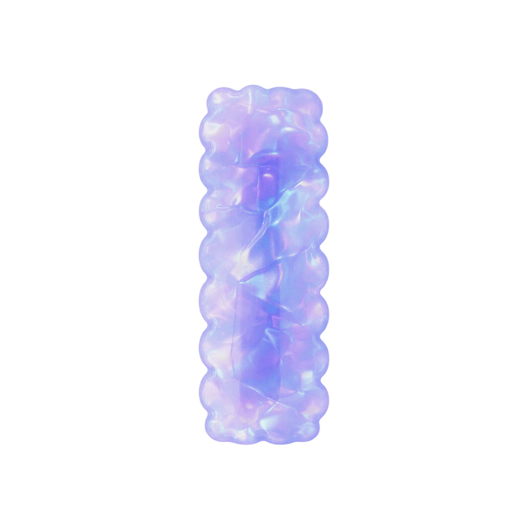 A wavy rectangle iridescent hair clip in shades of purple and blue, featuring a glossy finish.