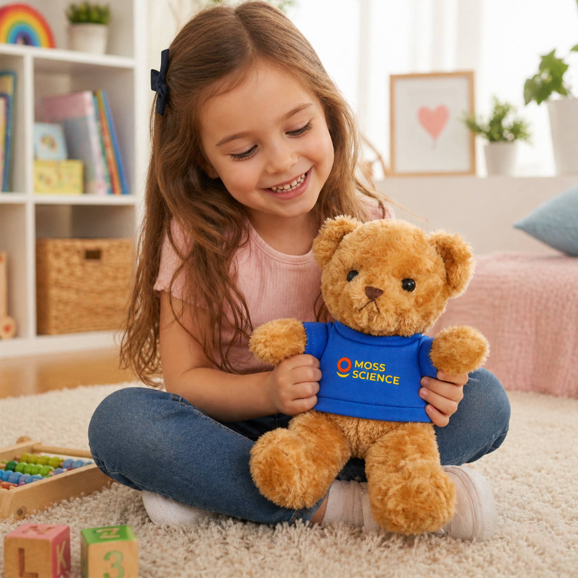A smiling girl holds a light brown bear plush toy wearing a blue shirt. The background features colourful play items and a cozy setting.