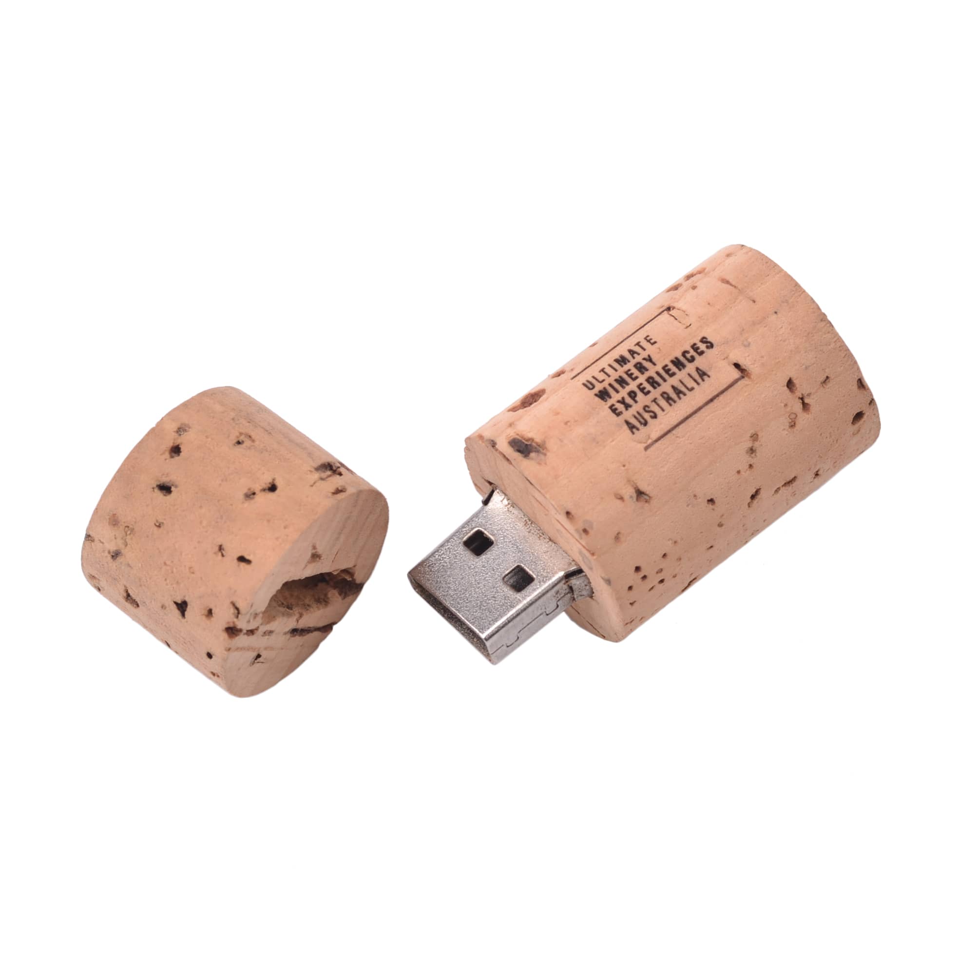A wine cork-shaped flash drive in natural cork colour, with a removable cap and a logo on the side.