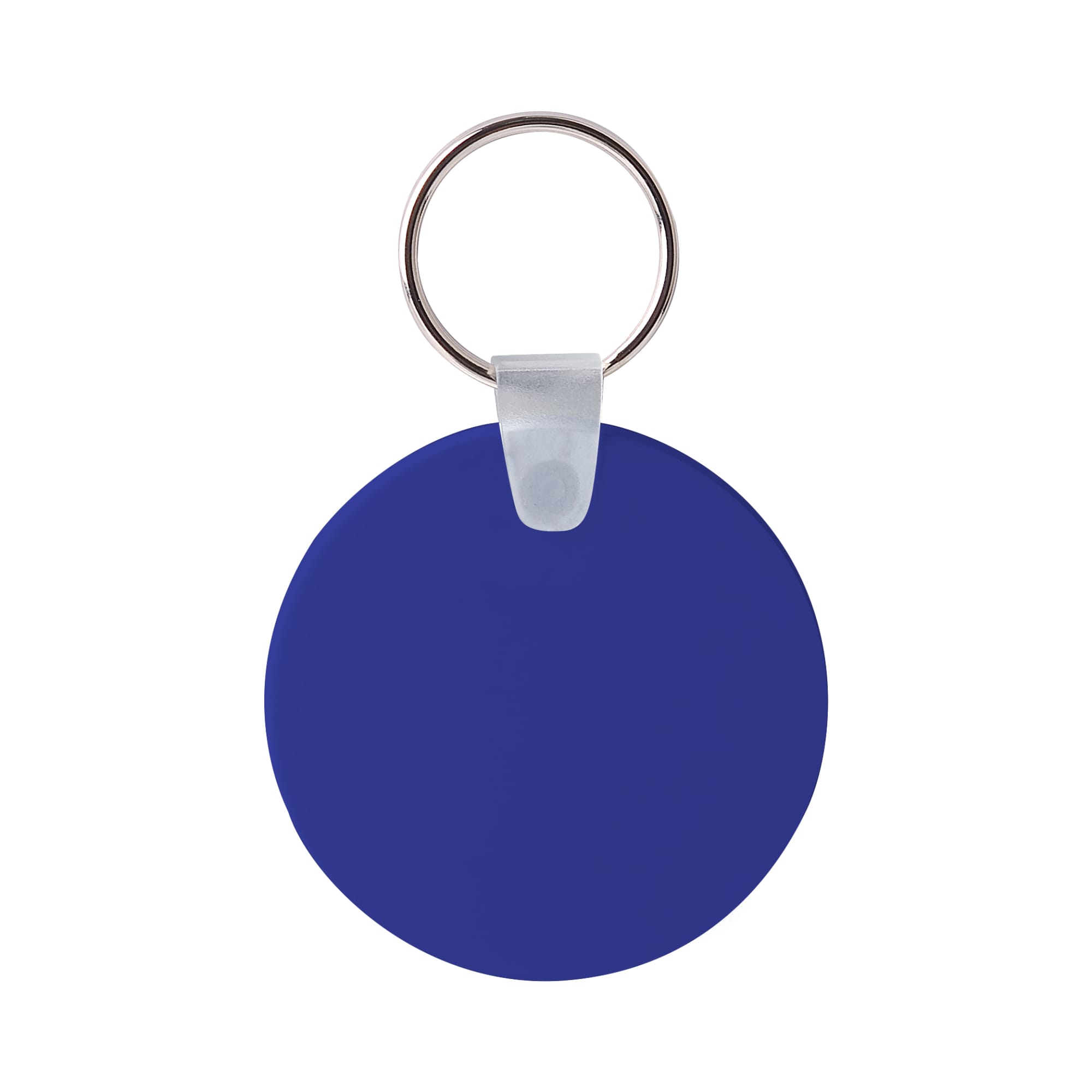 A round blue Durasoft keyring with a silver metal ring attached for easy carrying.
