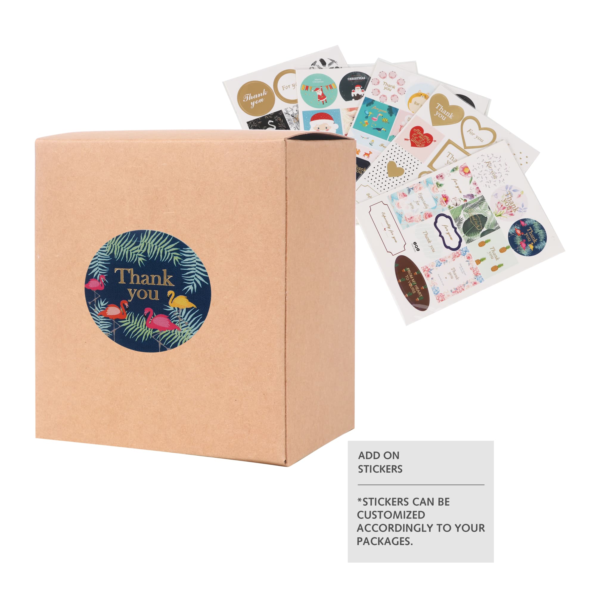A medium square gift box in brown kraft with a colourful circular logo. Includes decorative stickers in the background.