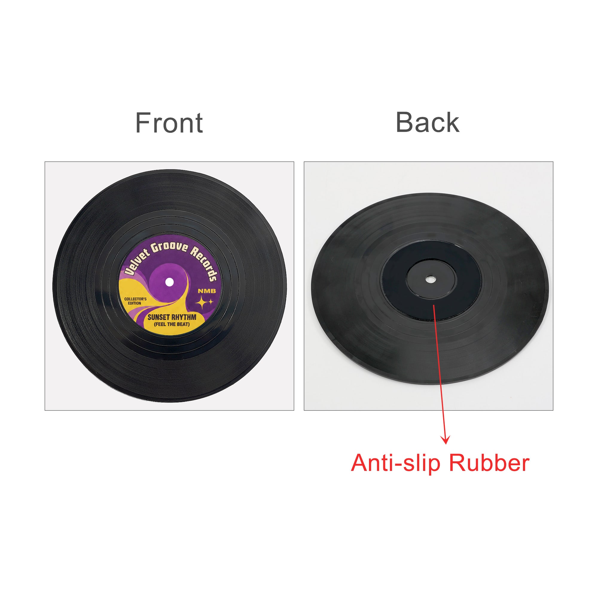 A black vinyl record coaster featuring a purple label on one side and anti-slip rubber on the reverse side.
