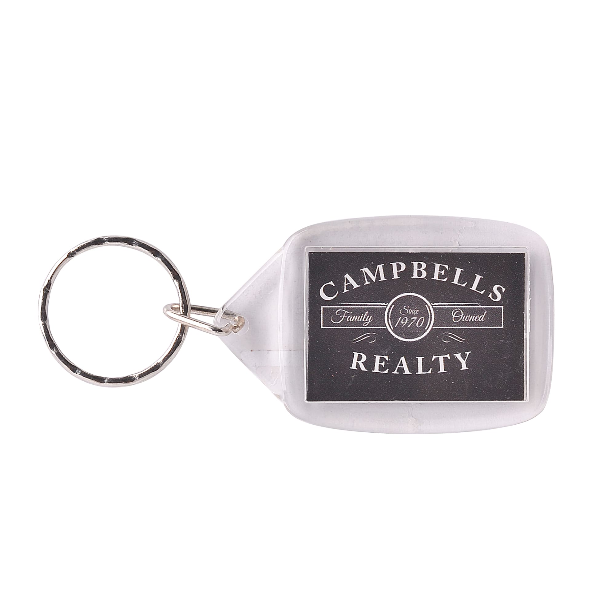 A rectangular acrylic keyring featuring a logo and a silver keychain loop, clear and black in colour.