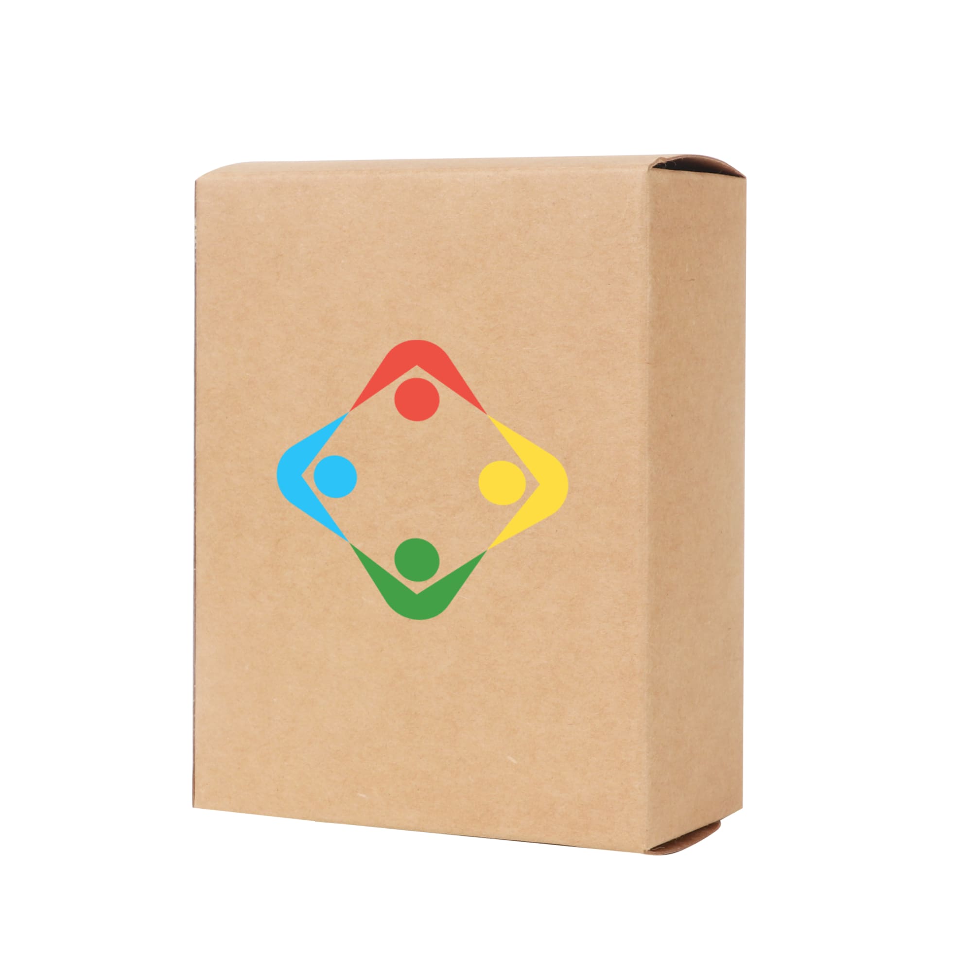 A small square gift box in a natural brown colour, featuring a multi-coloured logo on its front.
