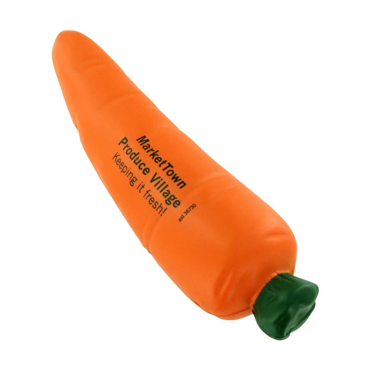 An orange carrot-shaped stress reliever with a green top and a logo on the side.
