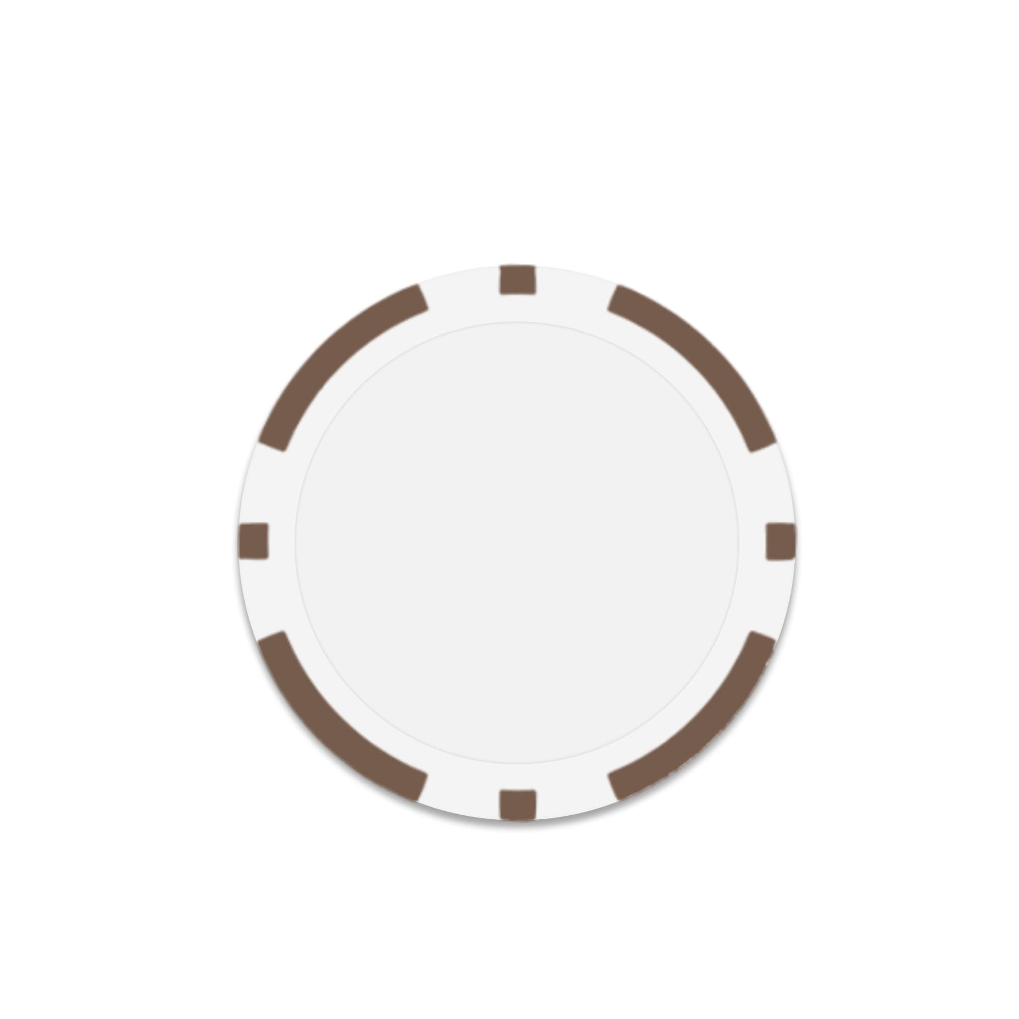 A round poker chip in white with brown accents on the edges. It features a logo in the centre.