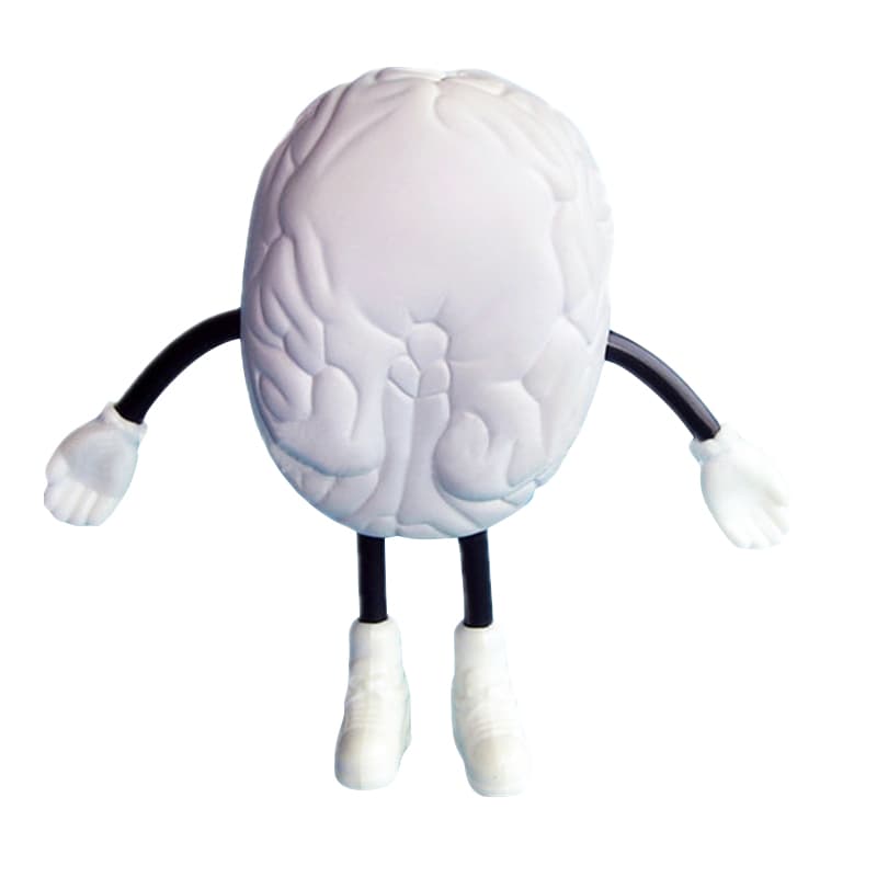 A white brain-shaped stress reliever with black arms and legs, featuring white gloves and shoes.