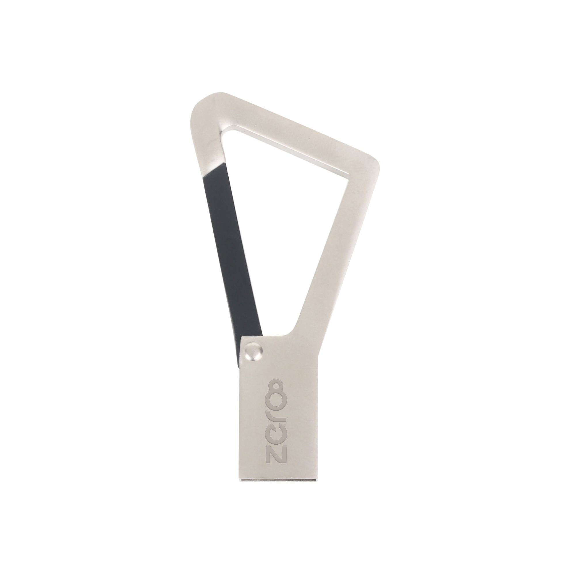 A triangular silver carabiner USB flash drive with a black accent, featuring a logo.