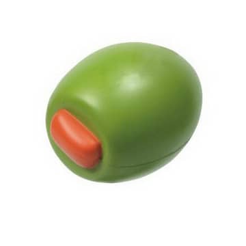 A green olive-shaped stress reliever with an orange detail, featuring a logo.