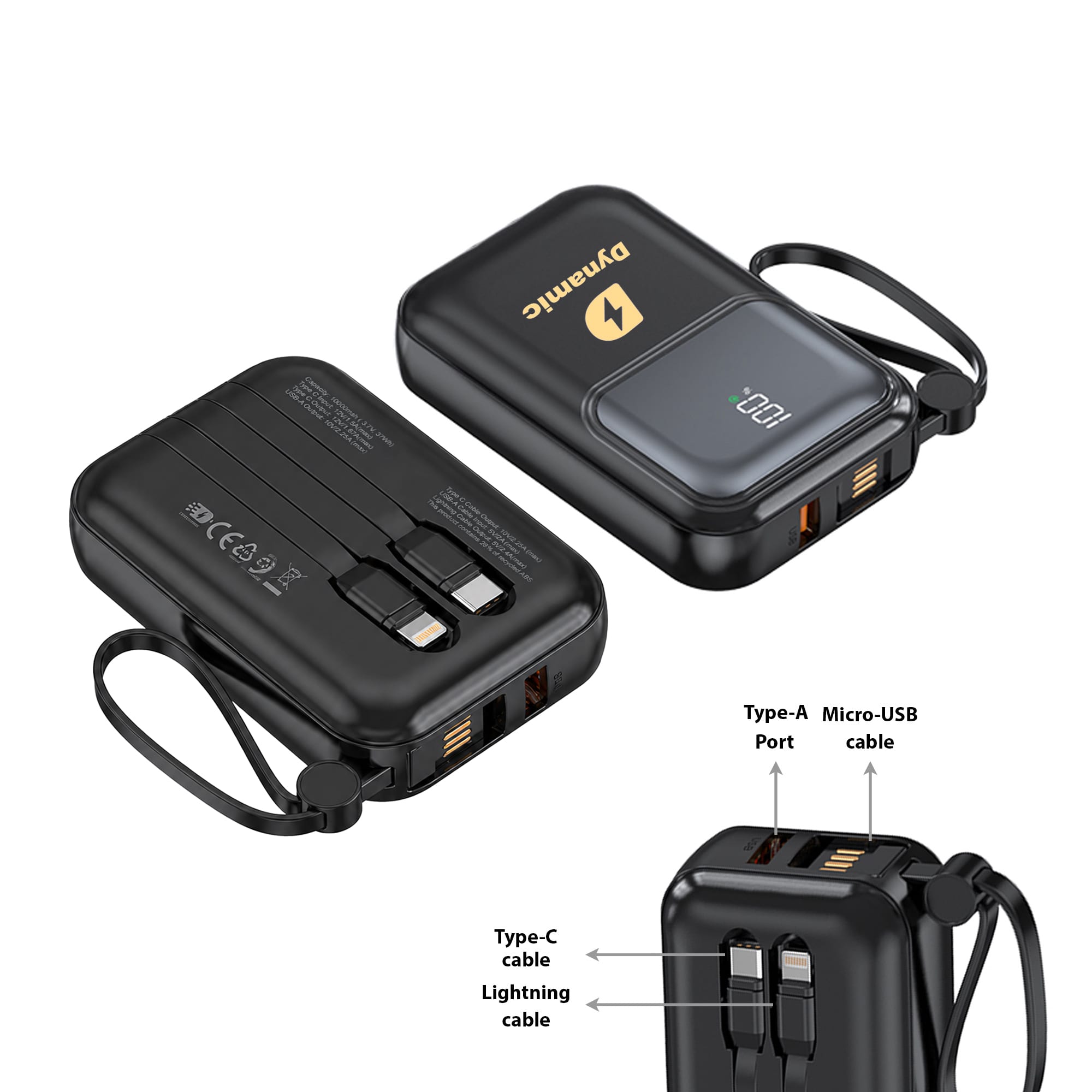 A black 10000mAh eco portable power bank with multiple charging ports and a digital display. It includes a logo.