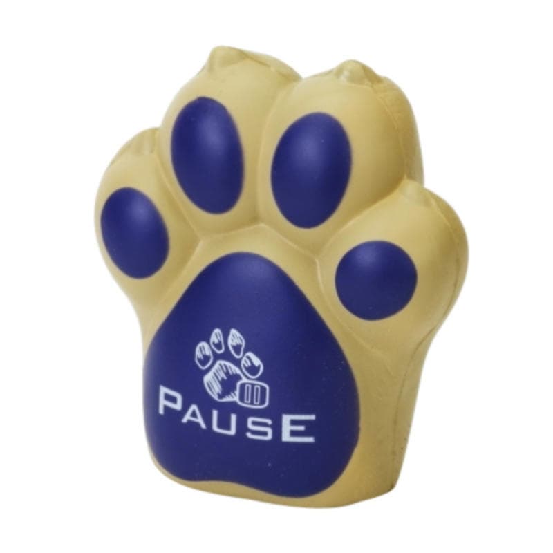 A dog paw-shaped stress reliever in yellow and blue with a logo on its surface.