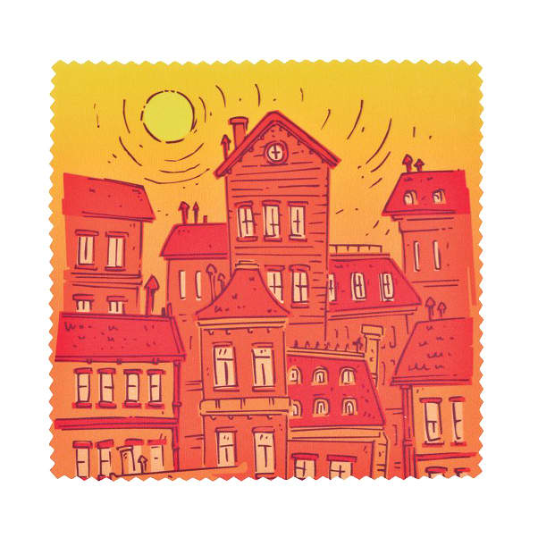 A microfibre lens cloth featuring an illustration of orange and yellow buildings under a sun. The cloth has a wavy edge.