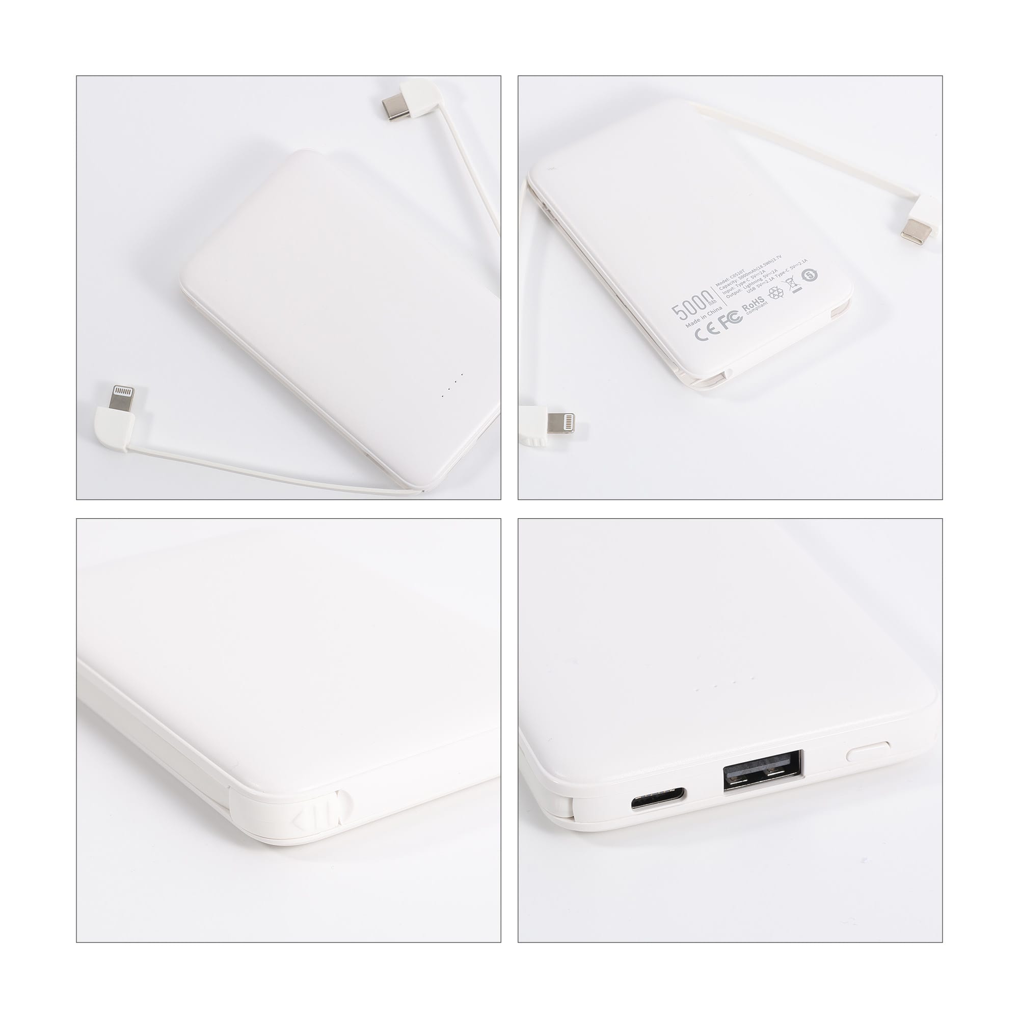 A white 5000mAh power bank with a built-in charging cable, featuring USB ports and a logo on the back.