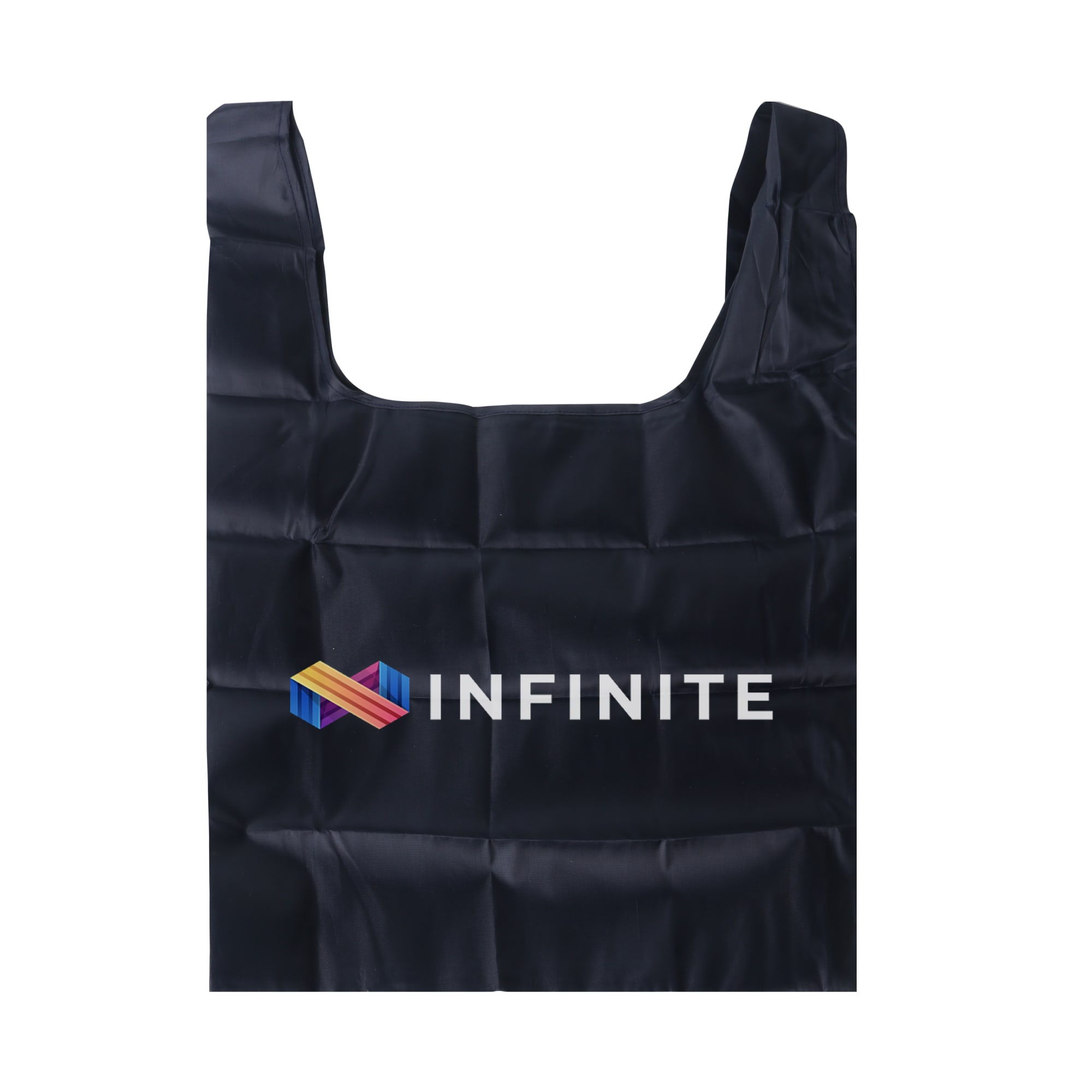 A reusable foldaway shopping bag in black, featuring a logo on the front.