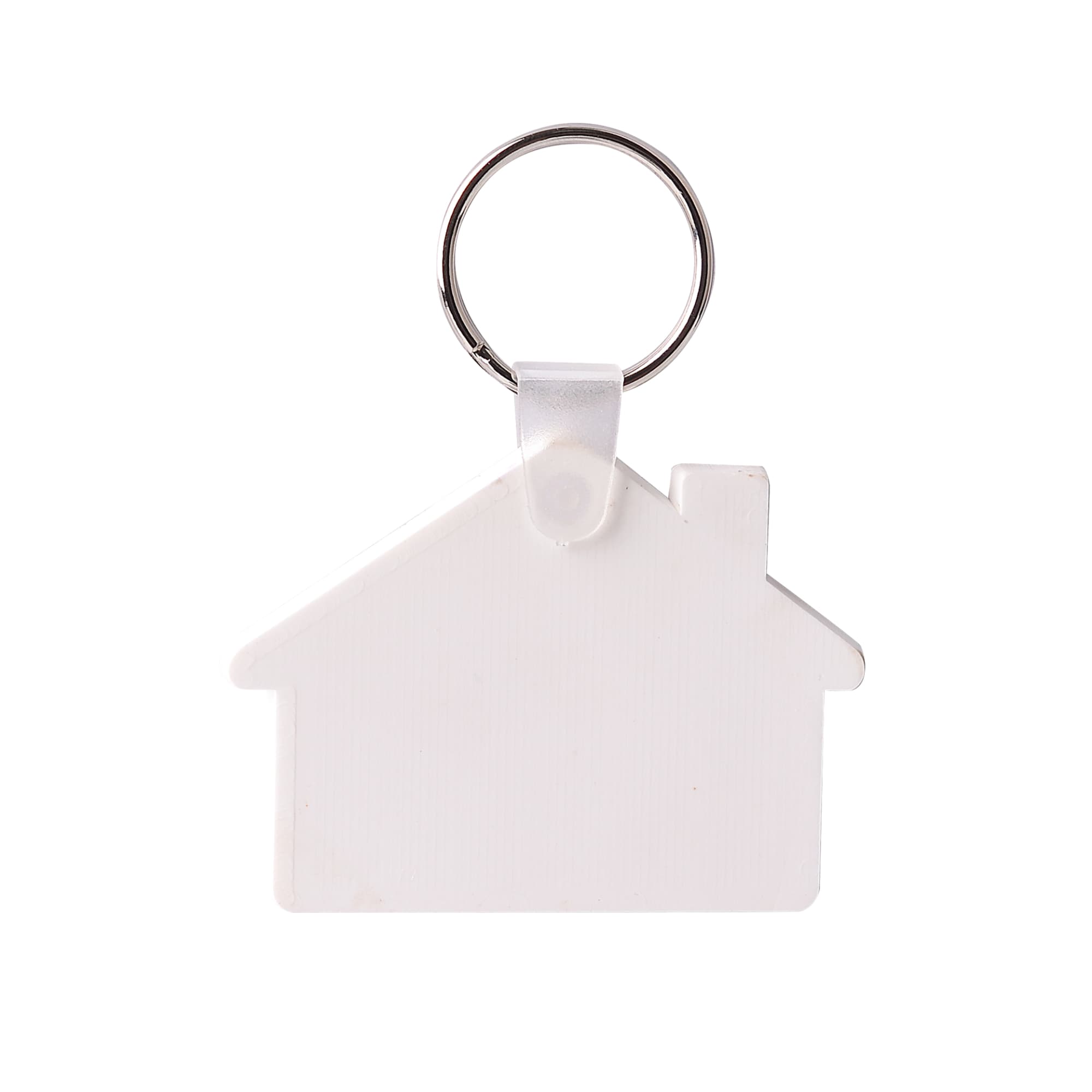 A white house-shaped keyring with a silver key ring attachment. It features a simple design and has a branding logo.