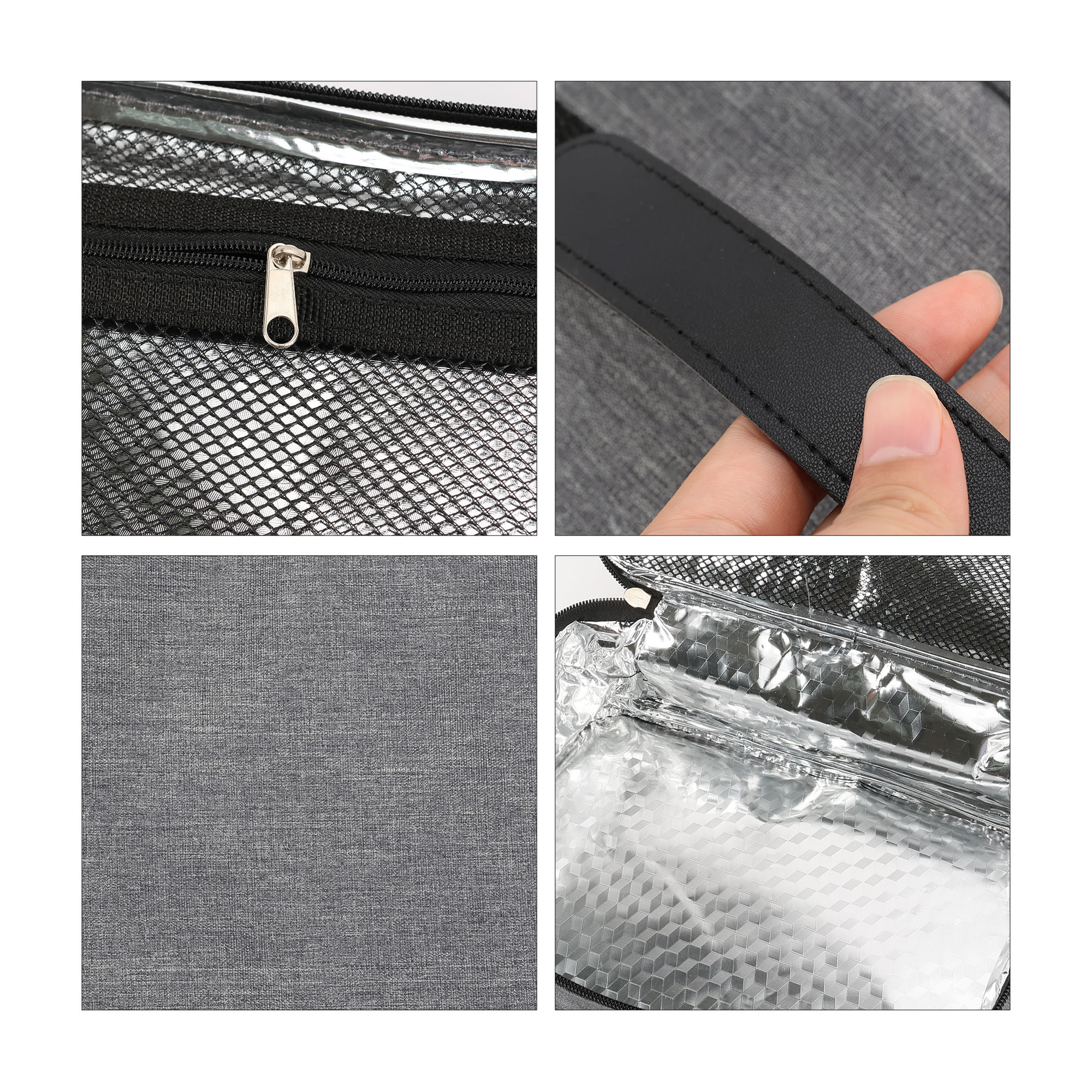 A grey portable thermal insulated lunch bag with a zip closure and a sturdy handle, showcasing both interior and exterior textures.