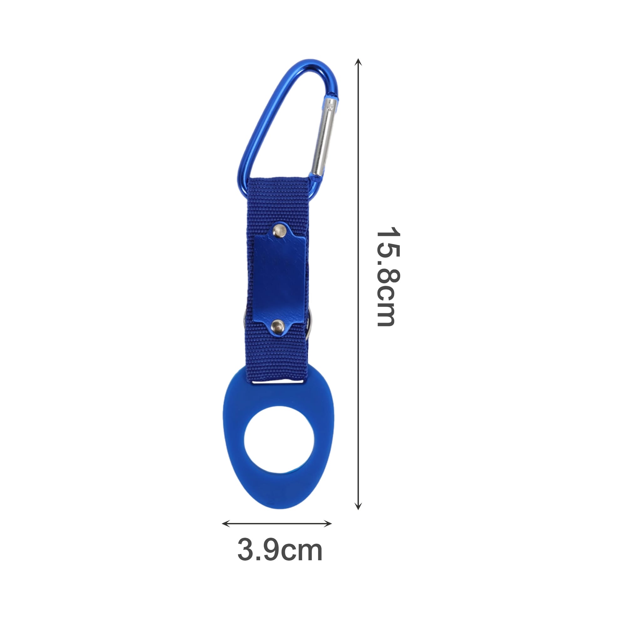 A drink bottle holder featuring a blue rubber grip and a blue carabiner clip, measuring 15.8 cm in length.