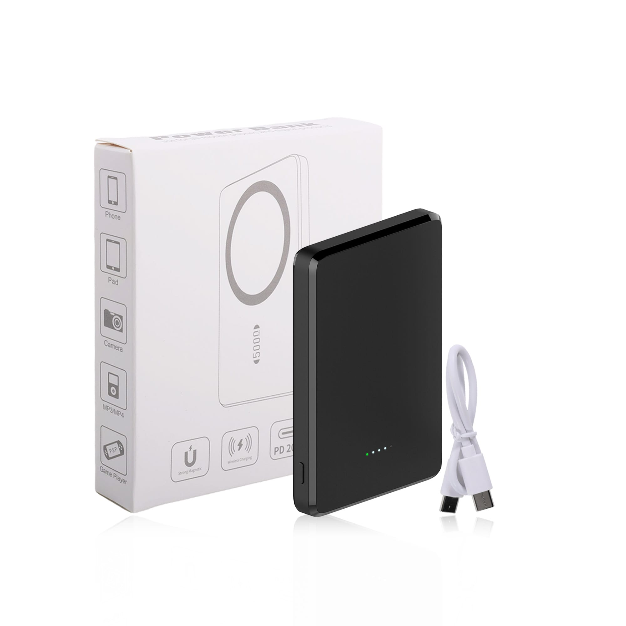 A black 5000mAh magnetic wireless power bank with a USB cable, packaged in a box featuring various icons and a logo.