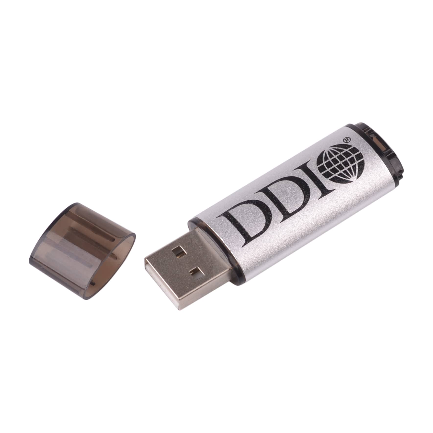 A silver Saturn flash drive with a clear cap, featuring a logo on its body.