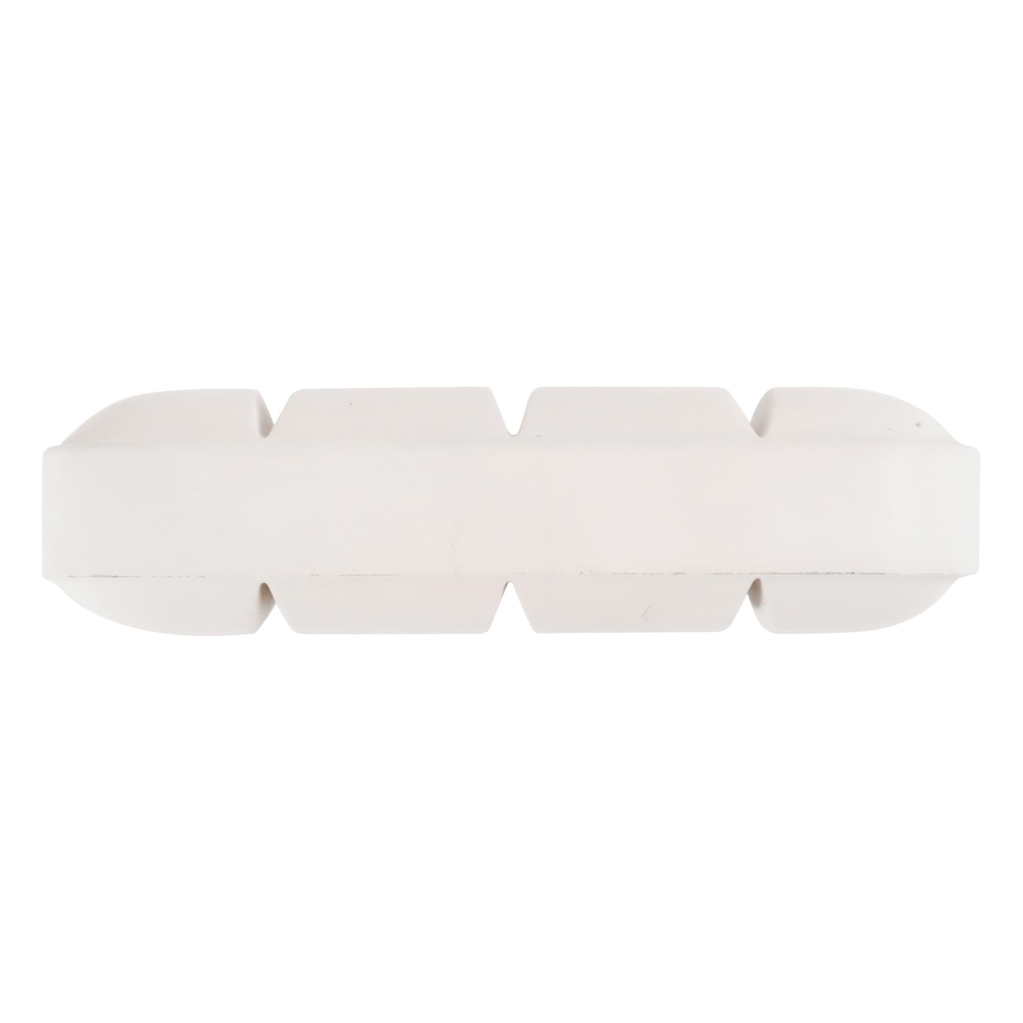 A large white tablet-shaped stress reliever with a smooth surface and an embossed design, featuring a logo.