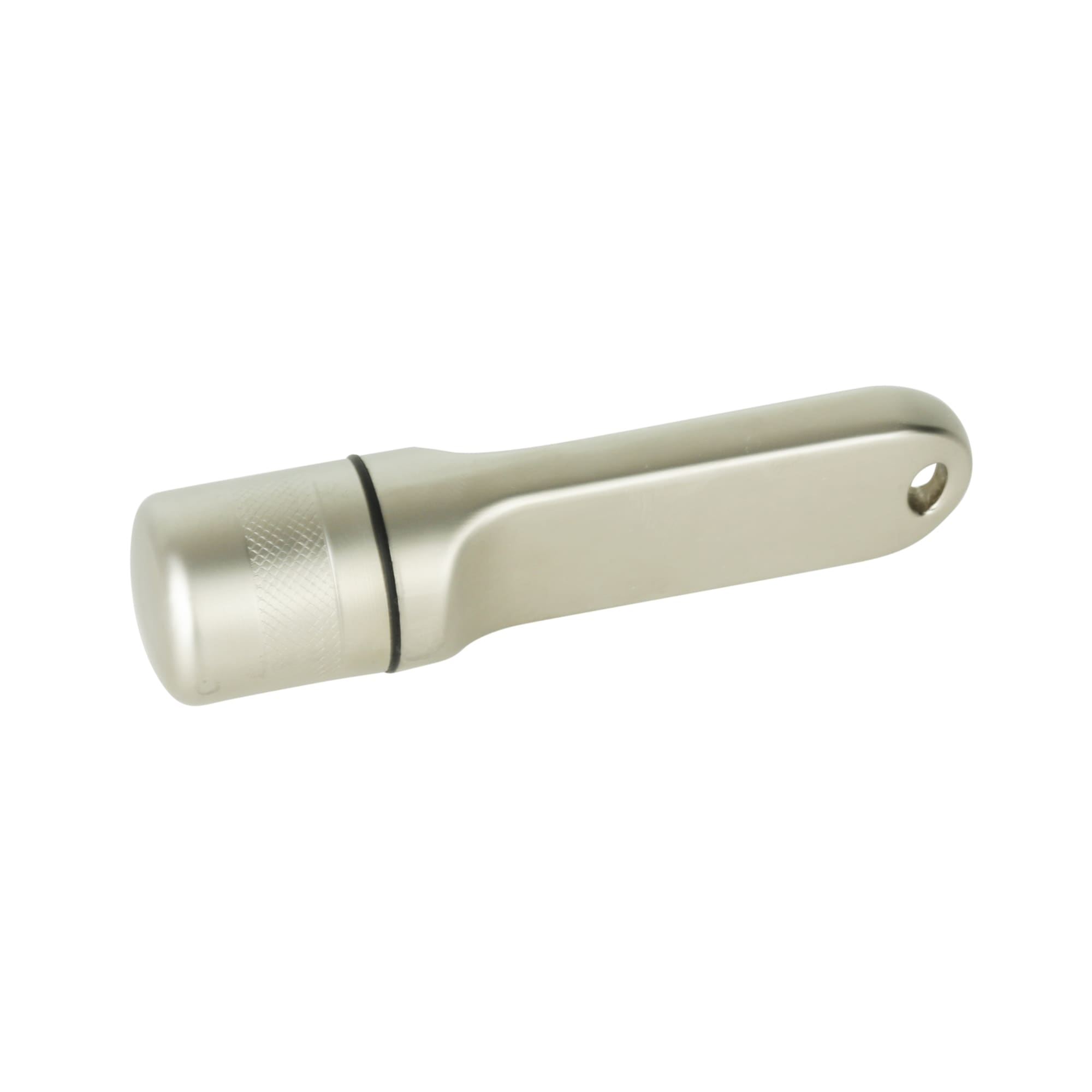 A sleek silver flash drive with a cylindrical end and a loop for attachment. Features a minimalist design.