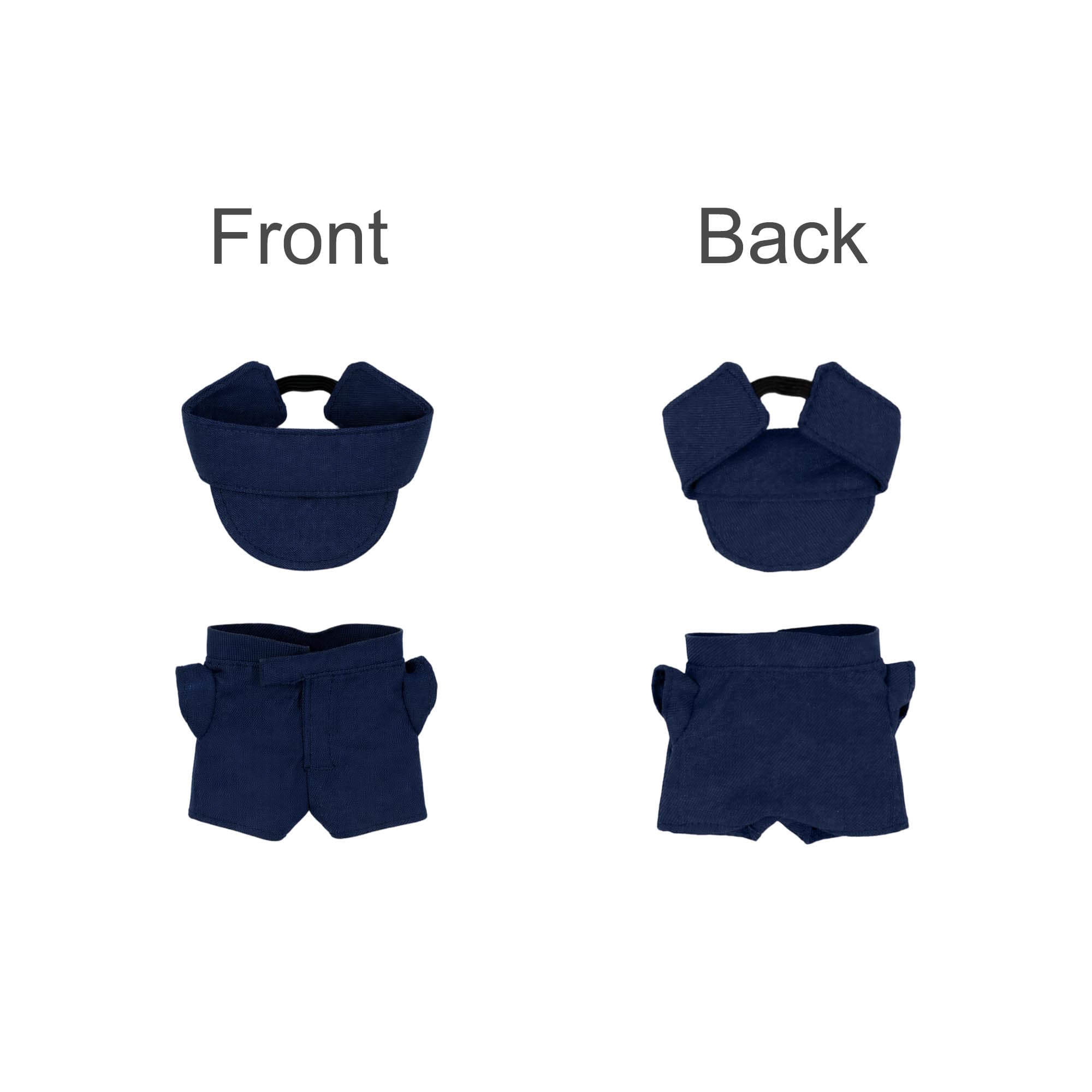 A plush doll racing suit set featuring a navy blue cap and shorts, displayed from front and back angles.