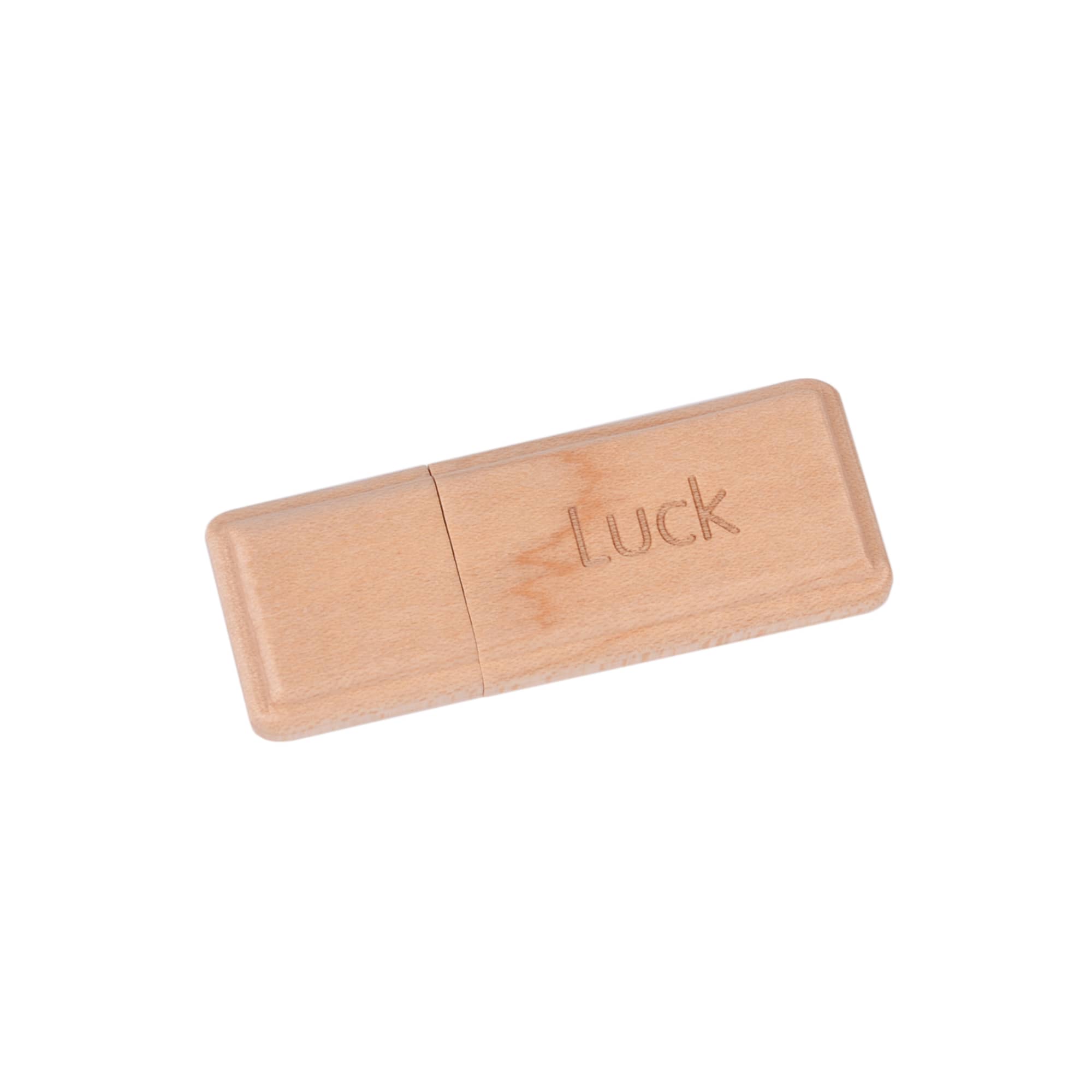 A wooden flash drive in a light colour with a subtle branding design.