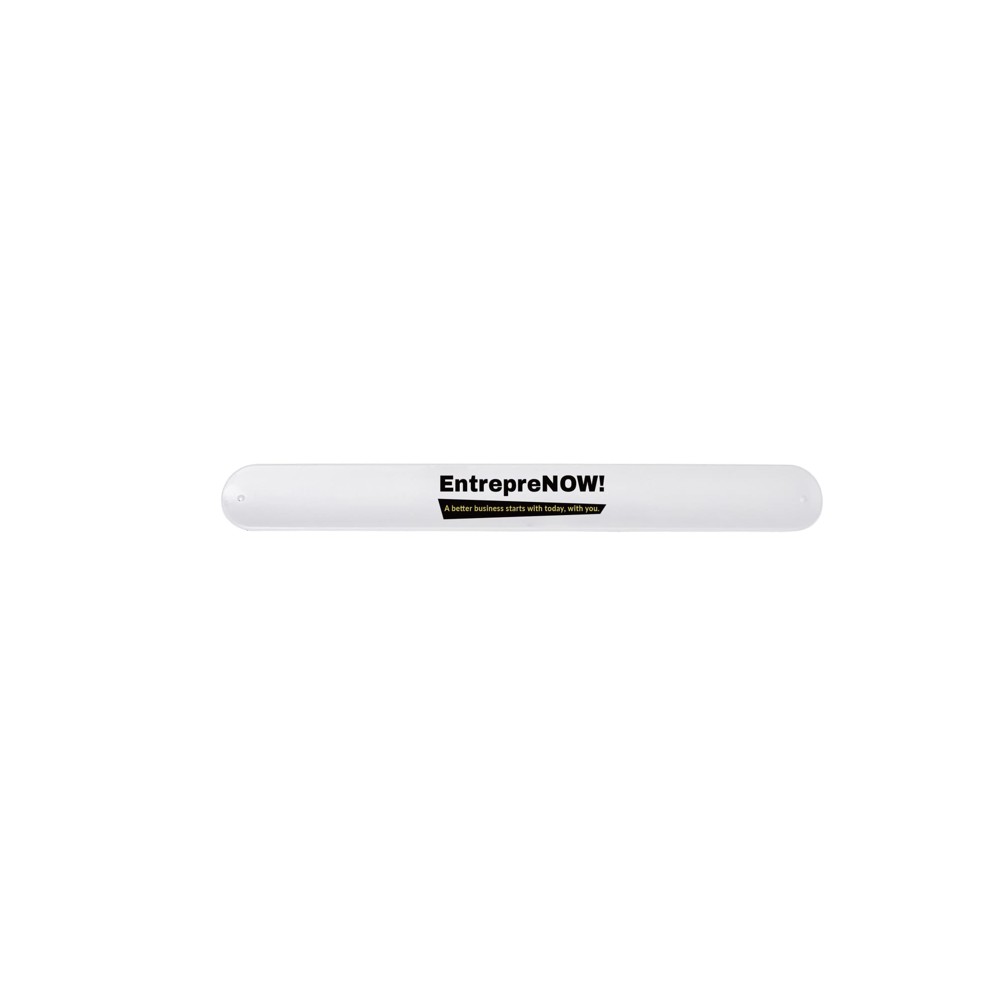 A white silicone slap band featuring a branding logo. Suitable for exhibitions and events.