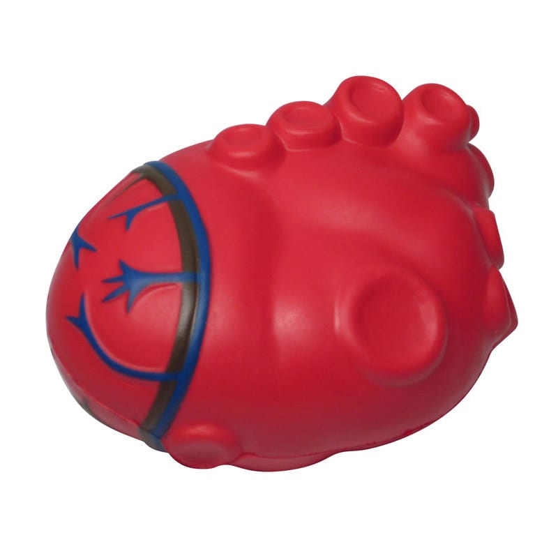 A red cardiac-shaped stress reliever, featuring a design with blue accents. It has a smooth, squishy surface and a logo.