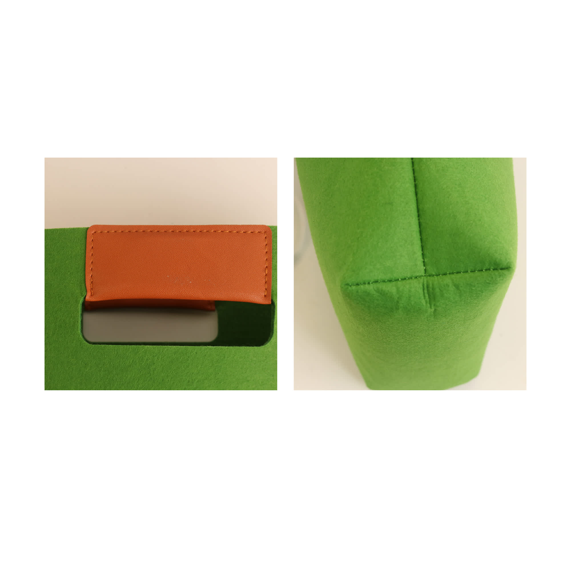 A green felt tote bag featuring a brown leather handle and a structured shape. Includes a logo on the side.
