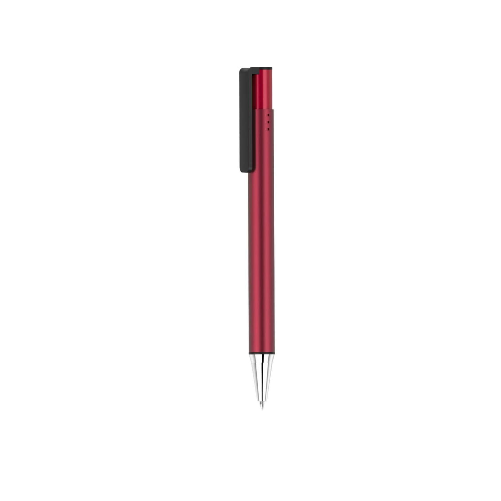A red pen with a sleek design, featuring a black clip and chrome tip. It includes branding on the barrel.