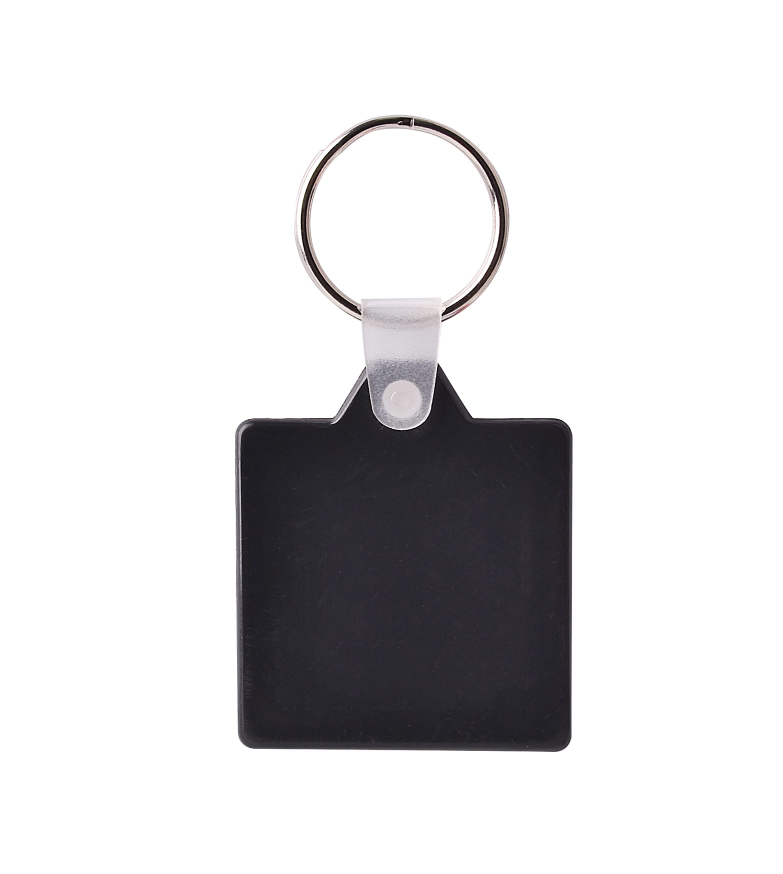 A square hard plastic keyring in black, featuring a metal ring for attachment.