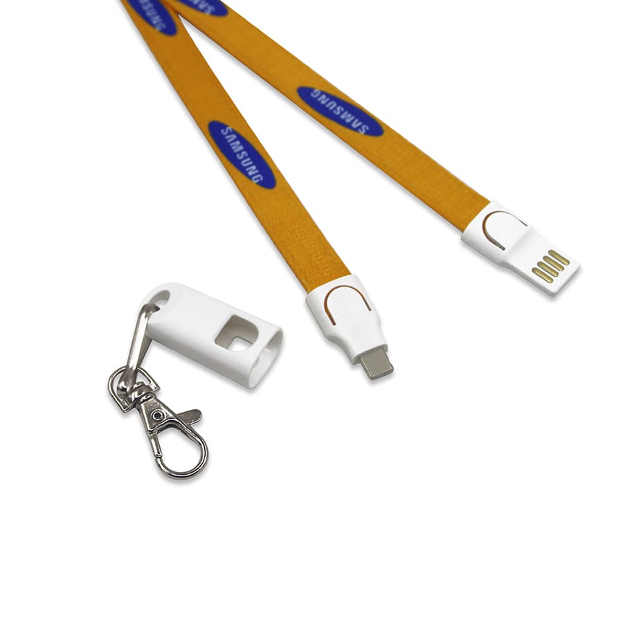 A polyester lanyard in orange with a white charging cable end and a metal clip for attachment, featuring a logo.