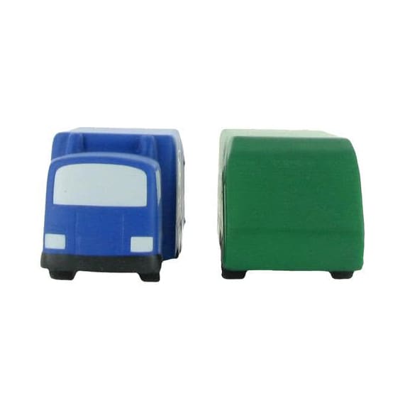 A blue and green garbage truck-shaped stress reliever with a simple design. Features a logo on one side.