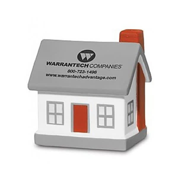 A house-shaped stress reliever in grey and white with an orange door and chimney, featuring a logo.