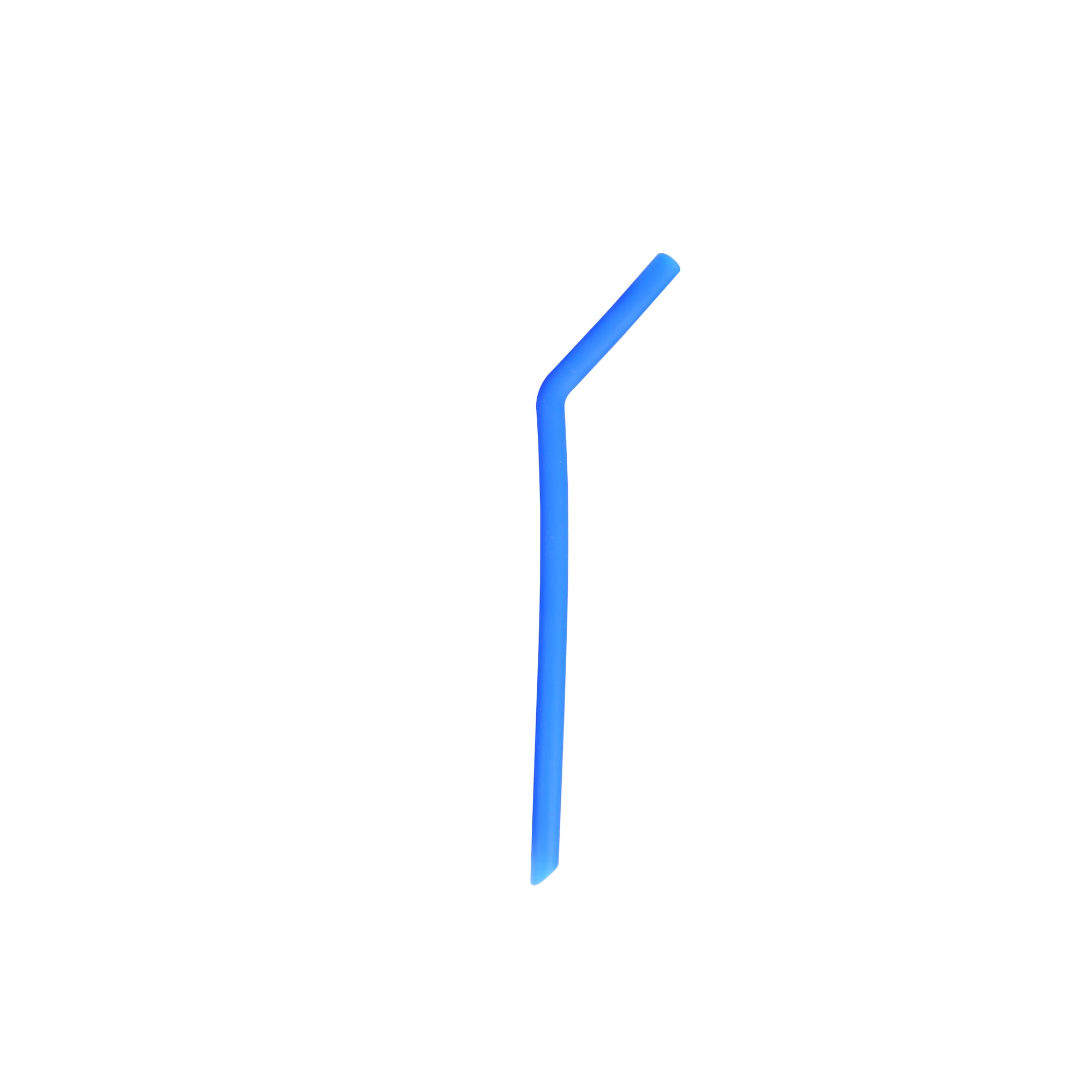 A reusable silicone straw in vibrant blue, featuring a flexible design. The product has a logo on it.