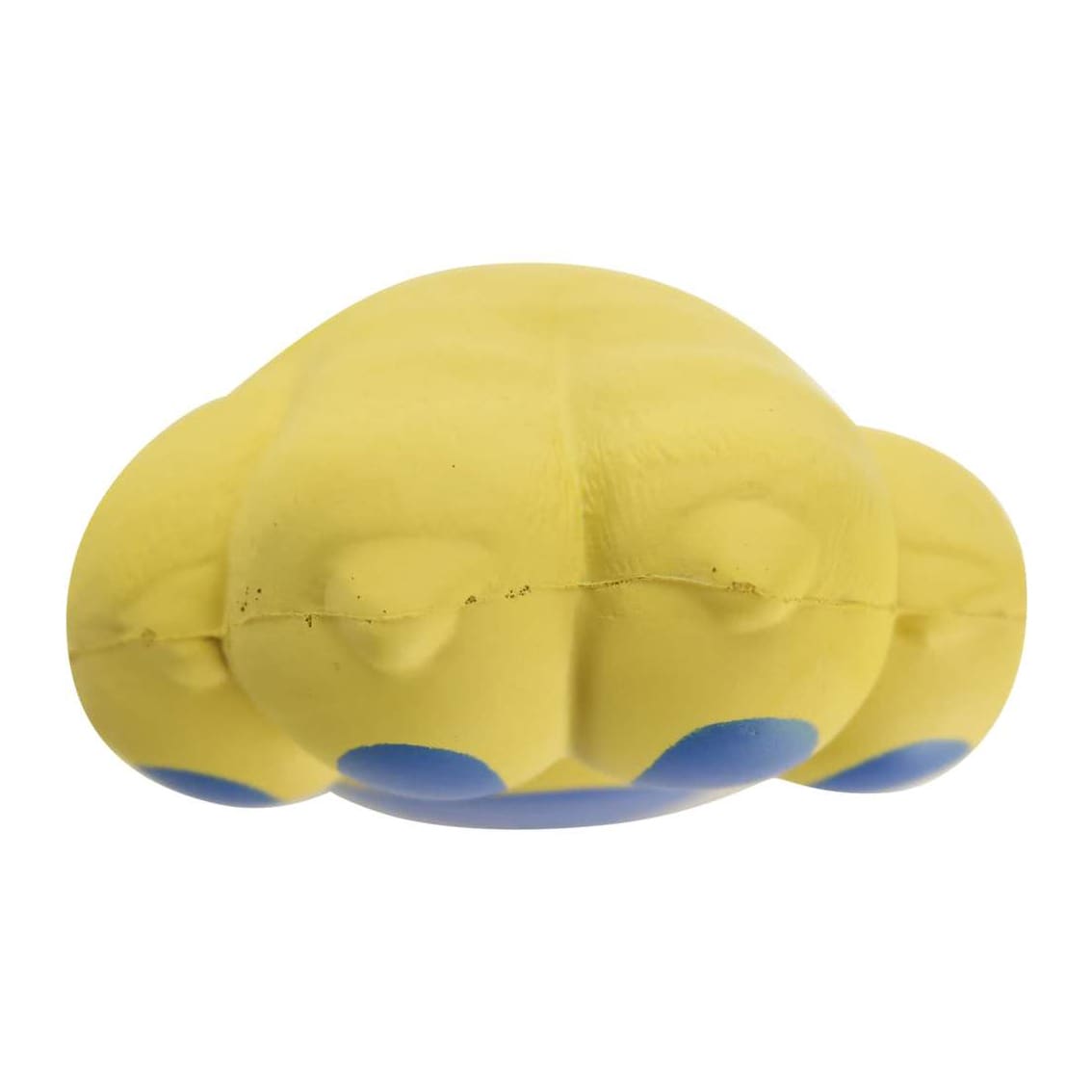 A yellow dog paw-shaped stress reliever with blue details. It has a smooth, textured surface and a playful design.