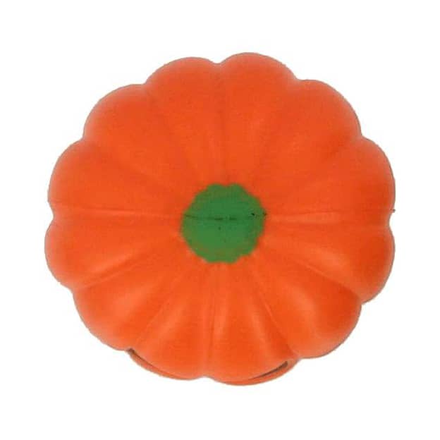 An orange pumpkin-shaped stress reliever with a green stem, featuring a smiling face design.
