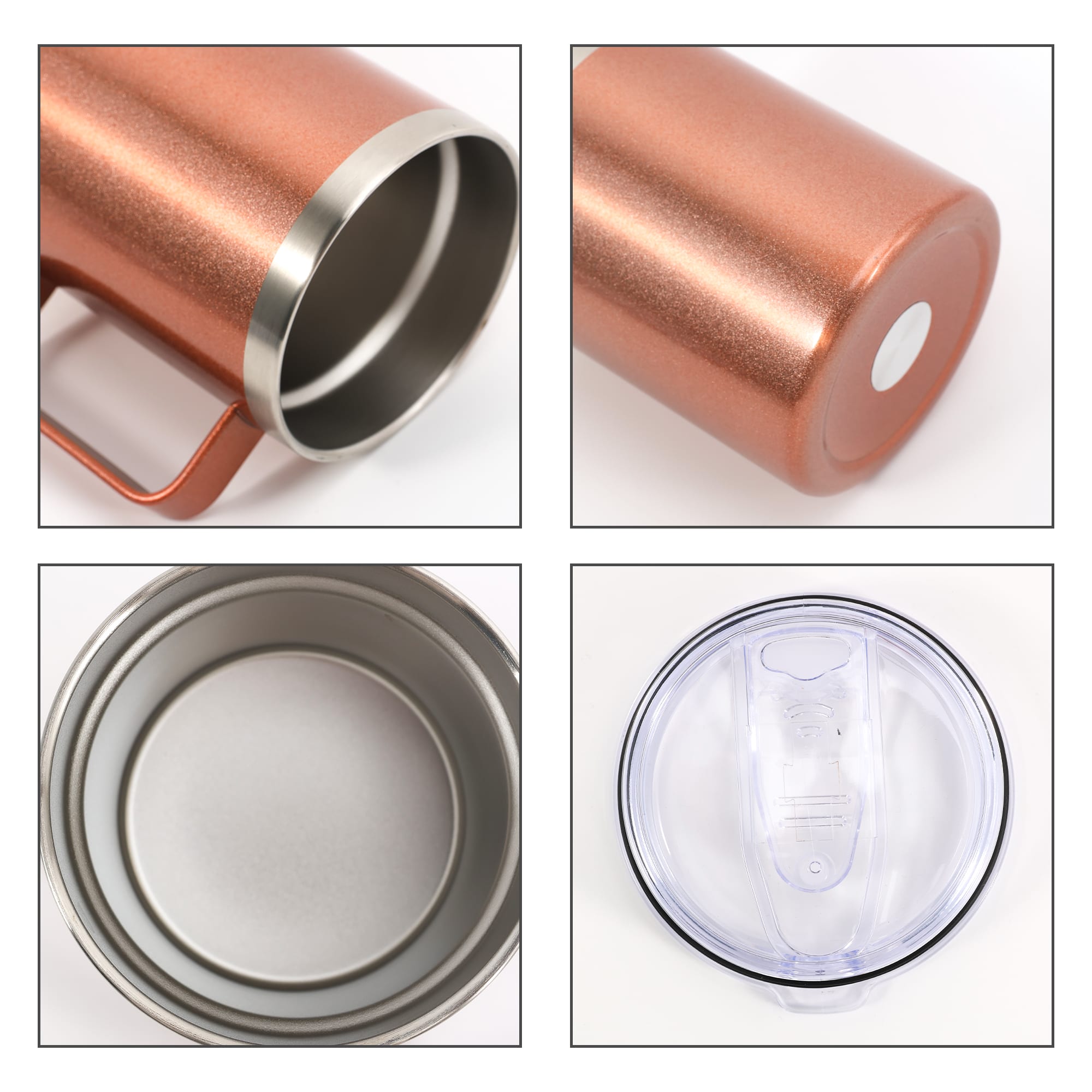 A stainless steel cup with a handle in a copper finish, featuring a transparent lid and a smooth interior.
