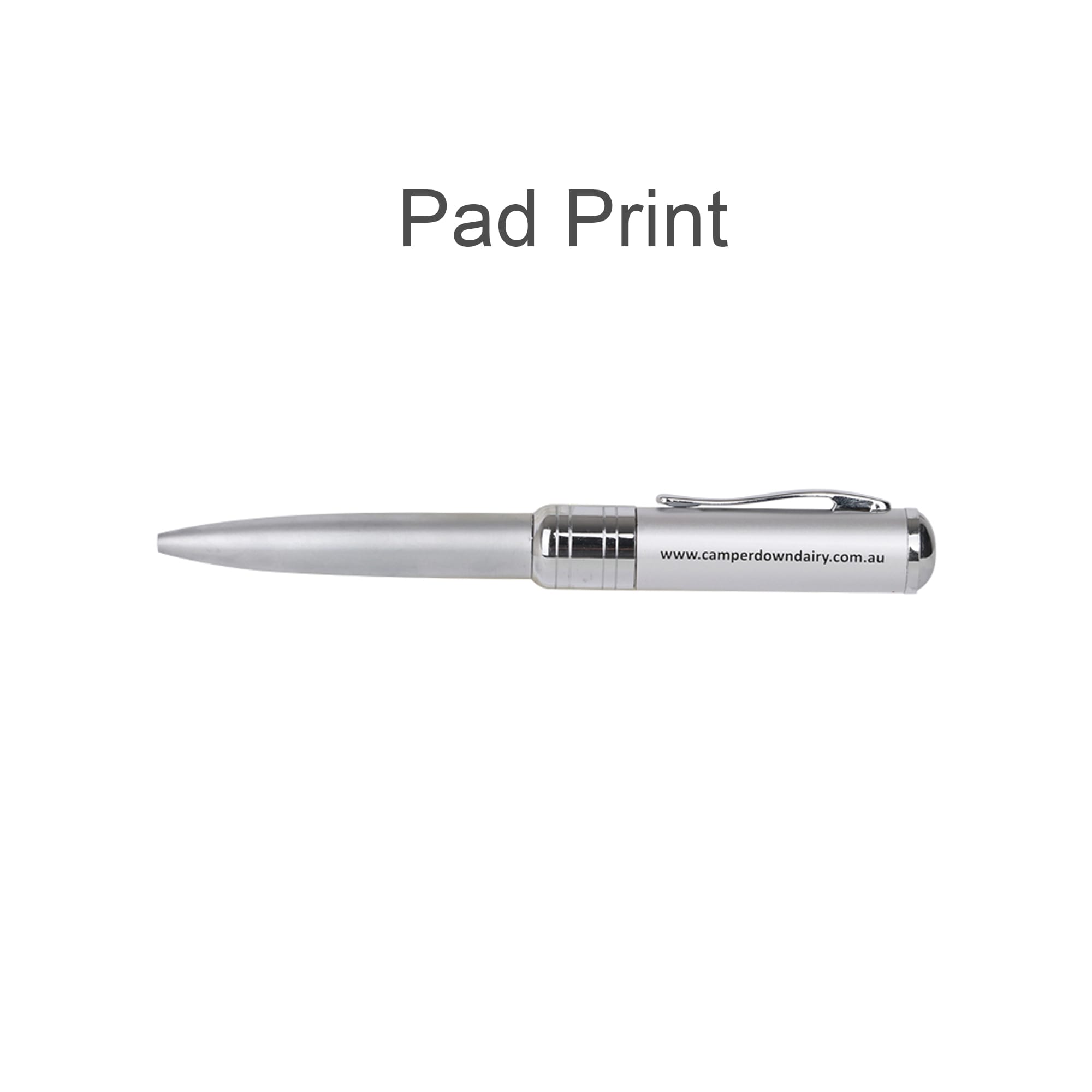 A silver pen with a sleek design and a clip, featuring a logo on its side.