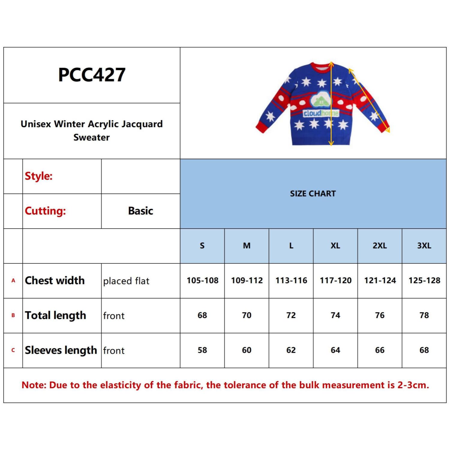 A unisex winter acrylic jacquard sweater in blue with multicoloured star patterns and a logo. Size chart included.