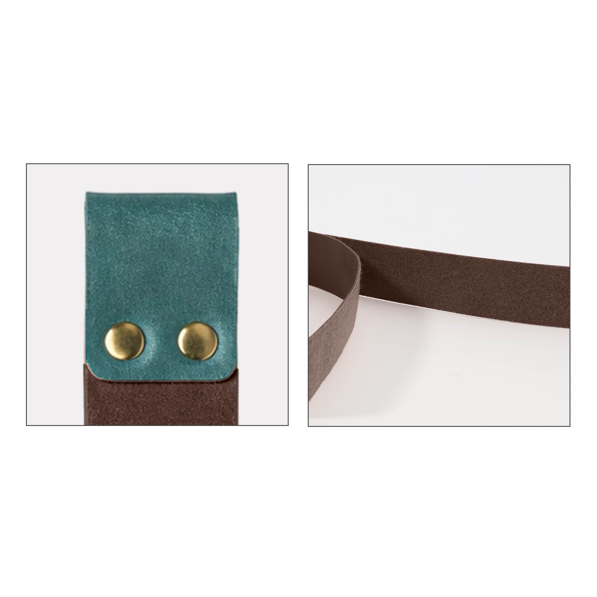 A custom PU bookmark featuring a teal top section and a brown strap, secured with two brass studs.